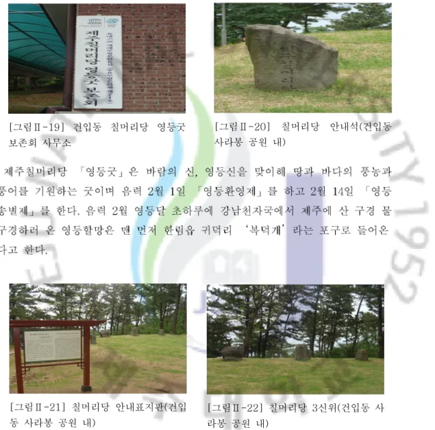 그림 건입동 칠머리당 영등굿[Ⅱ-19] 보존회 사무소 그림 칠머리당 안내석 건입동[Ⅱ-20](사라봉 공원 내) 그림 칠머리당 신위 건입동 사[Ⅱ-22]3( 라봉 공원 내)그림칠머리당 안내표지판 건입[Ⅱ-21](동 사라봉 공원 내)