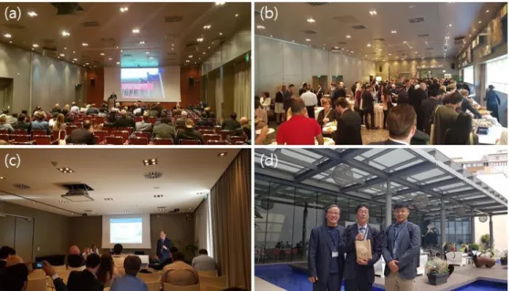 그림 1. (a) Main conference hall 전경, (b) Standing Lunch, (c) 한국에너지기술연구원 이시훈 박사의 발표 사진, (d) (왼쪽부터) 연세대 학교 이창하 교수, Best Poster Award 수상자인 한국에너지기술연구원 류호정 본부장, 이도연 박사(필자).