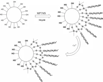 Figure 2. (a) Chemical structure of MPTMS, (b) FTIR spectrum  of MPTMS, (c) FTIR spectrum of pure silica spheres, and (d)  FTIR spectra of surface modified silica spheres reacted for 0.5,  1.5, 4.5, and 26 h with MPTMS.