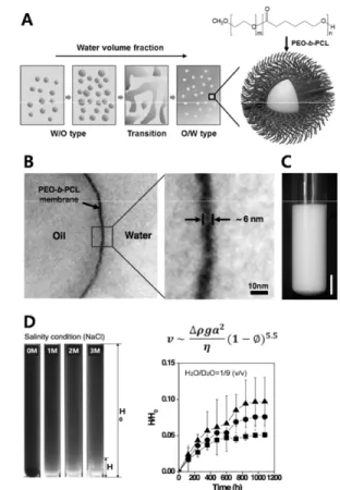 Figure 2. (A)  박막유화 나노에멀젼 제조 모식도, (B) 유수  계면에서 고분자 계면박막의 TEM  이미지, (C) 나노에멀젼  외관, (D) 에멀젼의 크리밍 속도 관찰.