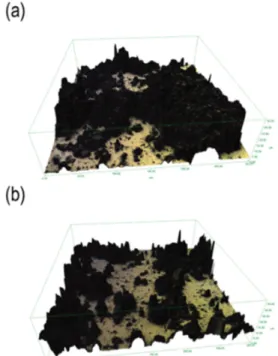 Fig. 7. Confocal optic images of LiCoO 2  electrodes having (a) uniform binder distribution and (b) non-uniform binder distribution after peel test