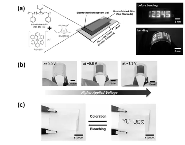 Figure 1. (a)  Schematic  illustration  and  photographs  of  ion  gel-based  electrochemical  displays[1],  (b)  V oltage-tunable,  multicolor,  flexible  electrochromic  devices[6],  (c)  Electrostatic-force-assisted  dispensing  printed  electrochromic 