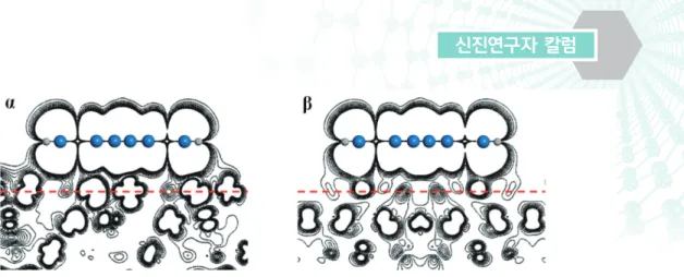 그림 5. Au(111) 표면의 속 빈 위치(hollow site) 위에 DBA 분자가 자리잡게 될 때 존재하는 두 개의 비동등한 국소 퍼텐셜의 극소점 (inequivalent local potential minima)에서의 부분 전하 밀도(partial charge density, PCD) 분포