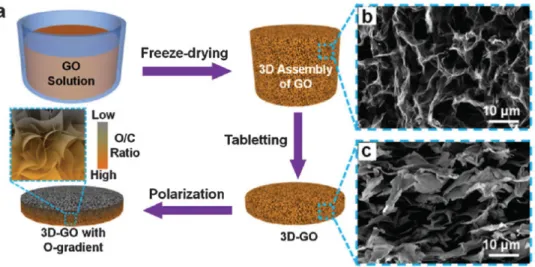 그림 1. 3차원 다공성 구조를 갖는 그래핀 옥사이드(Graphene Oxide) (a) Preparation process of g-3D-GO from GO solution through  a three-step strategy, including freeze-drying, tabletting and polarization, where the polarization is referred to themoisture/electric  field co-ind