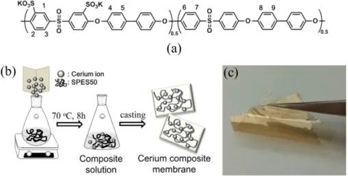 Fig. 1. (a) chemical structure of SPES50, (b) preparation of composite membrane containing cerium ion, and (c) photograph of the composite membrane with a thickness of ~50 µ m.