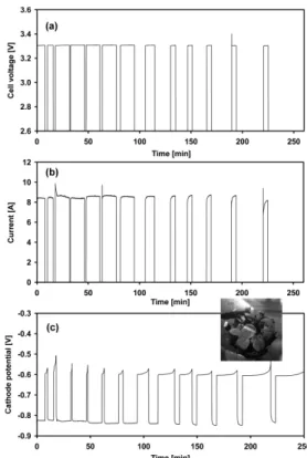 Fig. 2 shows the electrolysis curves of (a) the cell voltage, (b) the current, and (c) the cathode potential as a function of time