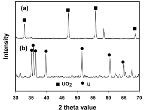 Fig. 4. Cross-sectional SEM images of UO 2 : low- low-magnification view (1000 × ) (a) and high-magnification view (3000 × ), (b) before the electrochemical reduction process; low-magnification view (1000 × ) (c) and  high-magnification view (3000 × ), (d)