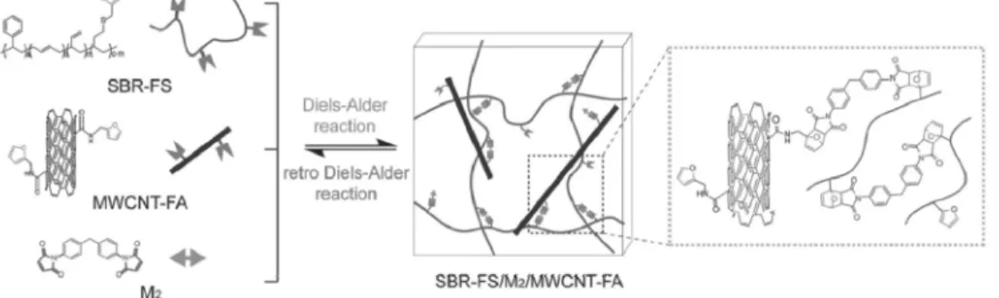 Figure 3. Furan  작용기를 도입한 탄소 나노 튜브를 고분자 네트워크에 복합재료로 적용한 자가치유 시스템의 개념도.