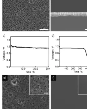 Fig. 9.  (a) Top-view SEM image of the silicon wafer after  surface modification. (b) Cross-sectional view SEM image  of the silicon wafer after surface modification