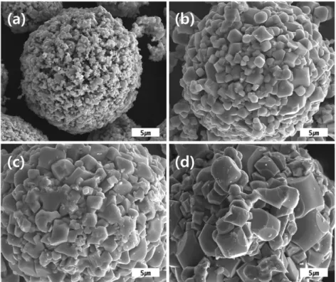 Fig. 2. Morphology of spherical lithium manganese oxide spinel, Li 1.12 Mn 1.88 Al 0.06 Mg 0.06 B x O 4  at various amounts of B substitution; (a) 0.00, (b) 0.007, (c) 0.015, (d) 0.030.