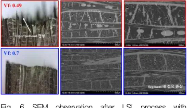 Fig. 6 SEM observation after LSI process with different fiber volume fraction