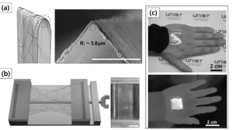 Figure 12. CuZr nanotrough electrode[28]. (a) Schematic illustration (left) and SEM image (right) of the folded electrode  on a 2 µm-thick transparent PI substrate