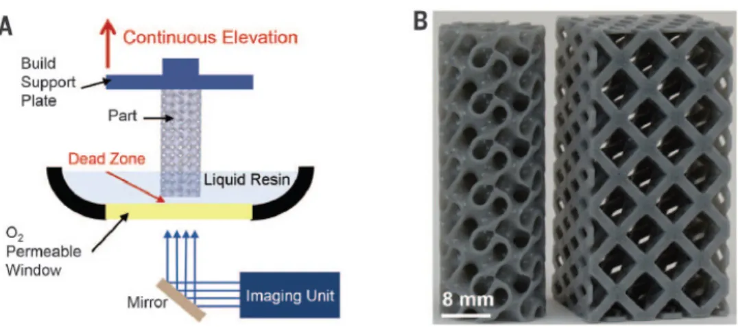 그림 1. (A) Schematic of CLIP printer where the part is produced continously by simultaneously elevating the build support  plate while changing 2D cross-sectional UV images from imaging unit