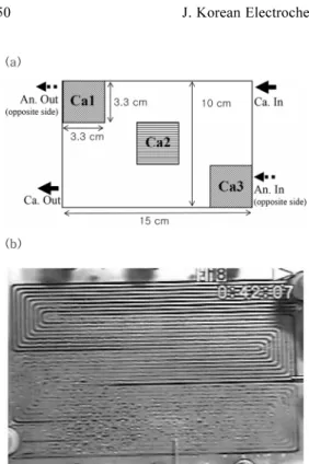 Fig. 1. (a) Schematic diagram of large scale (150 cm 2 ) MEA and sub-MEAs (Ca1 ~3) divided from the large MEA