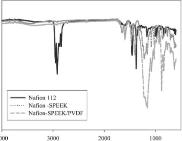 Fig. 2. Thermal-gravimetric analysis (TGA) of SPEEK composite membrane and Nafion.