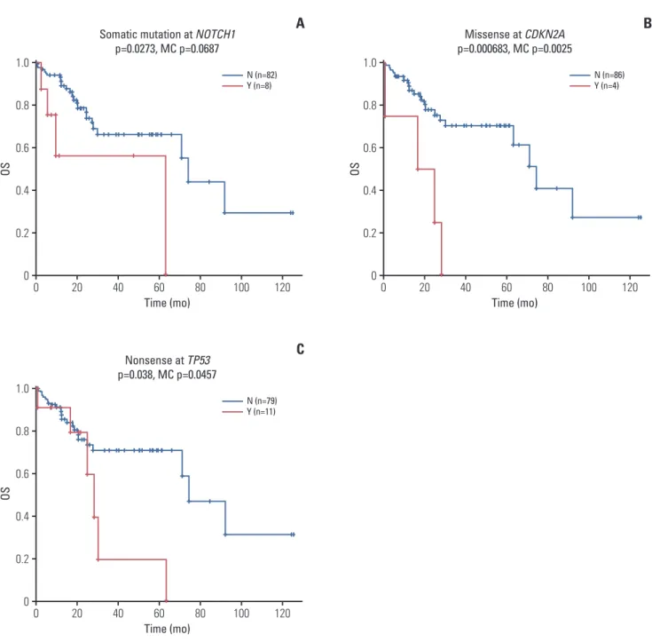Fig. 2.  Kaplan-Meier curves showing the association of single nucleotide variations and overall survival (OS) in patients.