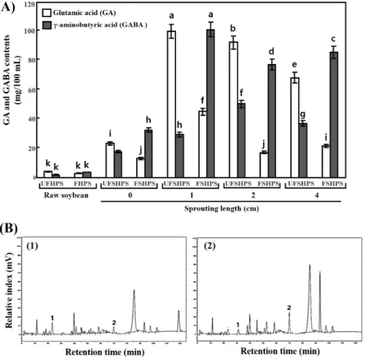 Fig. 2. Comparison of glutamic acid (GA) and γ-amino butyric acid (GABA) contents in the unfermented and fermented raw and HPS sprouts.