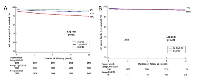 Fig 2. Kaplan-Meier Curve for the 12-month probability of all cause death-free survival in patients with MI undergoing primary PCI stratified by BMI