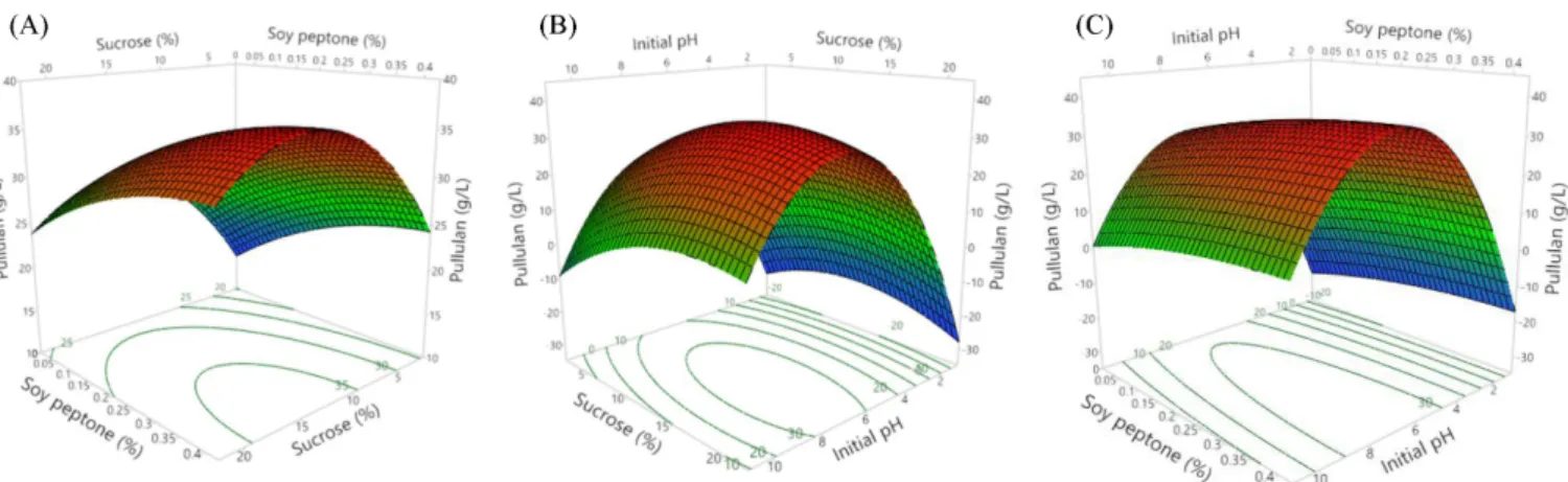 Fig. 6.  3D response surfaces and contours for pullulan production by  Aureobasidium pullulans MR