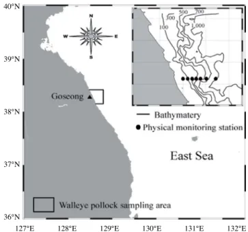 Fig. 1.  Location of walleye pollock sampling area and water tem­
