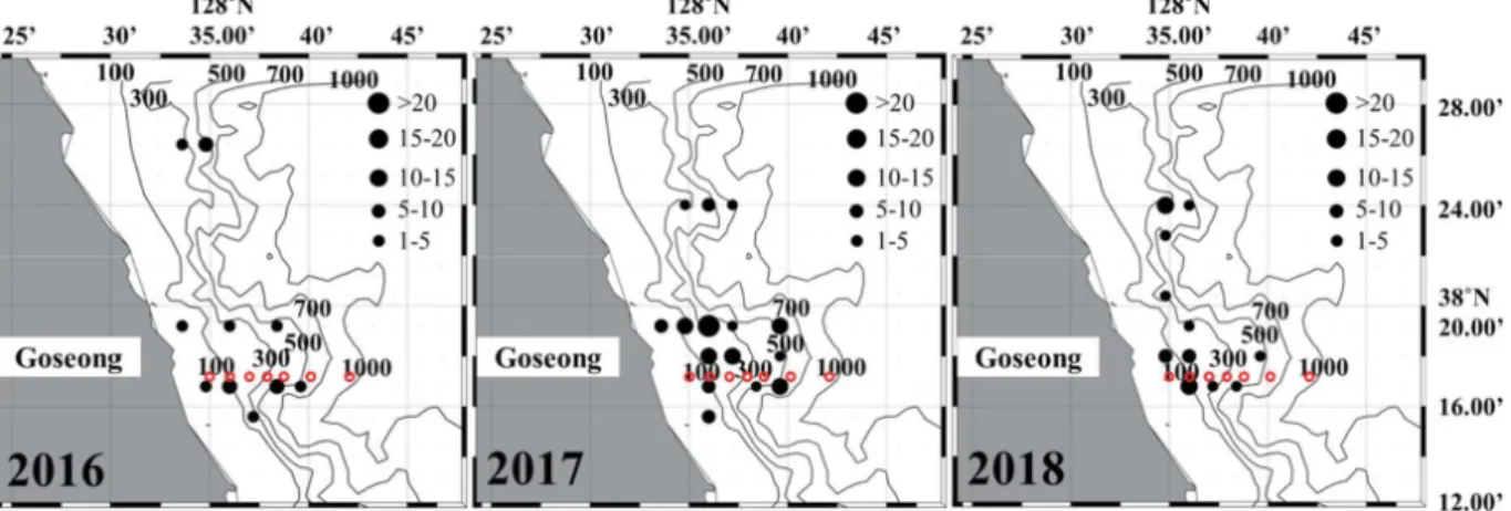 Fig. 7.  Inter­annual changes in spatial distribution of smaller walleye pollock ( < 35 cm) in middle eastern coast of Korea during winter