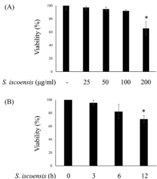 Fig. 1.  Dose- and time-dependent cytotoxicity of  S. iscoensis extract. (A)  RAW 264.7 cells were treated with  S