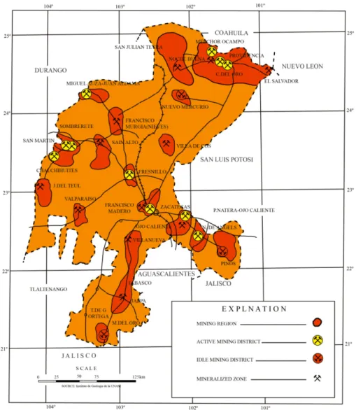 Fig.  6.  Mining  regions  in  Zacatecas  state  (modified  from  Cserna  et  al.,  1977;  Cardenas-Vargas  et  al.,  1992).