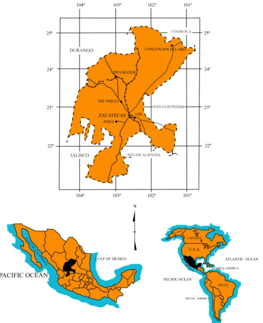 Fig.  1.  Location  map  of  Zacatecas  state  in  Mexico  (modified  from  Cardenas-Vargas  et  al.,  1992).