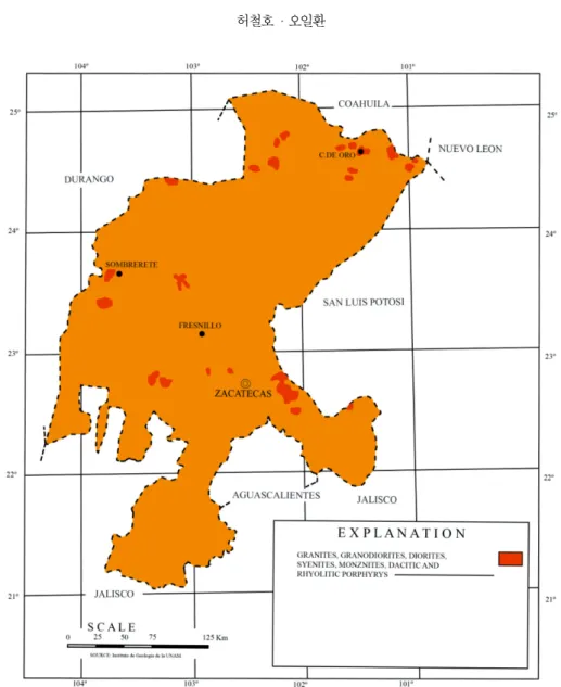 Fig.  3. Distribution  map  of  intrusive  igneous  rocks  in  Zacatecas  state  (modified  from  Cserna,  1956;  Cardenas-Var- Cardenas-Var-gas  et  al.,  1992).