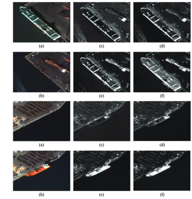 Fig. 5.  Small object difference result fore each band, (a) Before image, (b) After image, (c) Blue, (d) Green, (e) Red, (f) NIR.