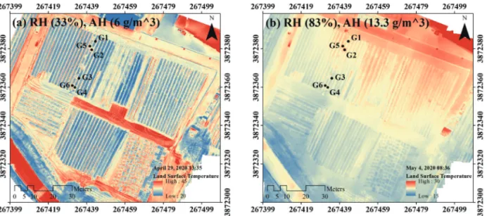 Fig. 4.  Images of land surface temperature captured by infrared camera on-board unmanned aerial vehicle: (a) LST image (relative humidity: 33%, absolute humidity: 6 g/m 3 ) on April 29, 2020, 13:35, (b) LST image (relative humidity: 83%,