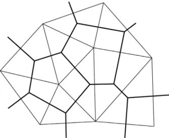 Fig. 1 Delauney triangles (thin lines) and associated Direchlet   Tesselations (thick lines) for nine generating points