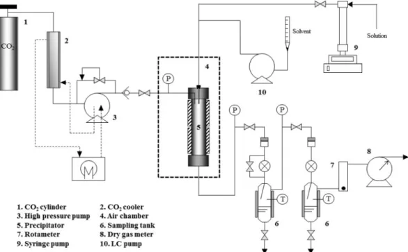 Figure 1. Schematic diagram of the supercritical ASES apparatus used in this study. 