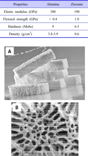 Figure 2. Examples of ceramics made from TCP and  hydroxyapatite (www.teknimed.com) (A) and SEM image of macrostructure of Goniopora coral[4].