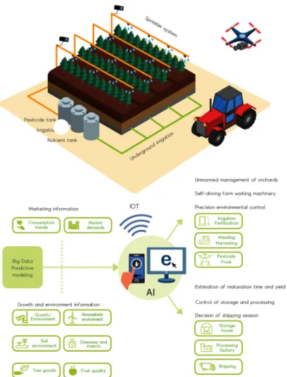 Fig. 6.  The KARI model for establishing a smart farming system in apple orchards. The model includes automation of apple production,  unmanned pest forecasting and monitoring system, and improvement of pest identification algorithm.