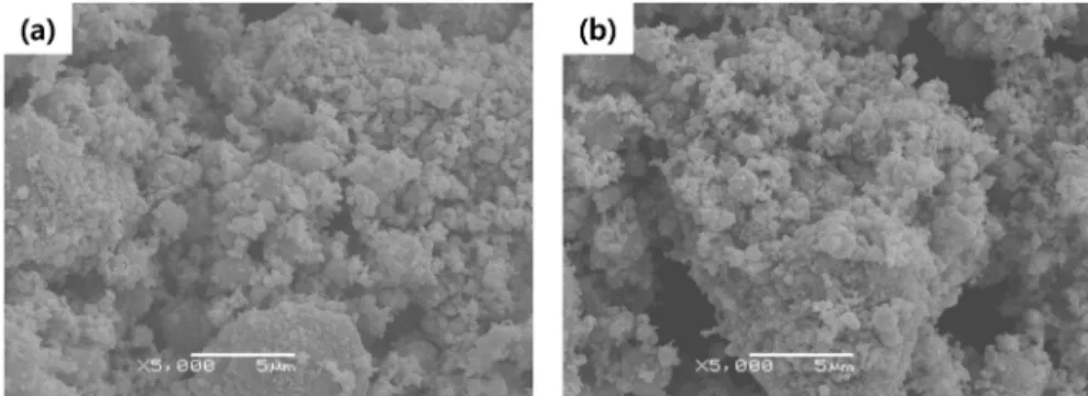 Figure 6. SEM images of (a) (Ti,Mo)C and (b) (Ti,V)C.
