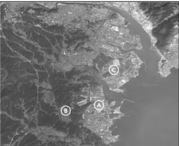 Figure 1. Geographical location of the research area in Ulsan city (A  : Onsan Industrial Complex, B : Duksin, C : Ulsan Petrochemical  Complex)