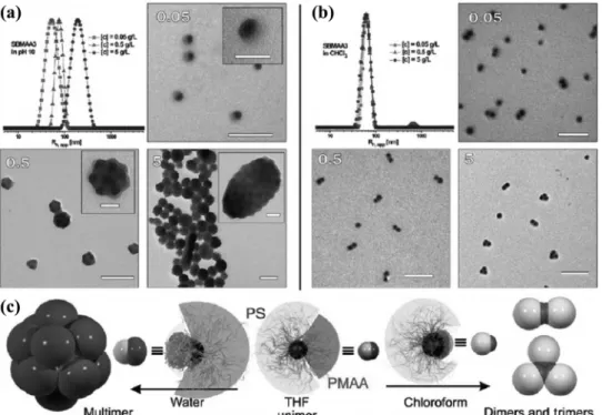 Figure 10. Self-assembly of asymmetric janus particles. (a)-(c) Spherical and linear structures formed by triblock copolymers with various shape control[30].