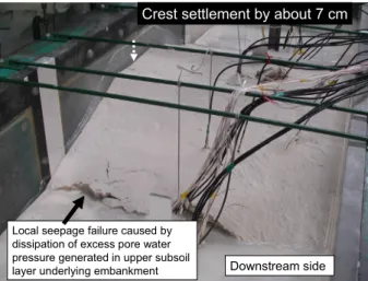 Figure 6. Breakage of eroded embankment in step 4, case 1  It should be noted that another case of model test  was conducted under otherwise the same conditions as  in case 1 except for the replacement with the gravelly  material