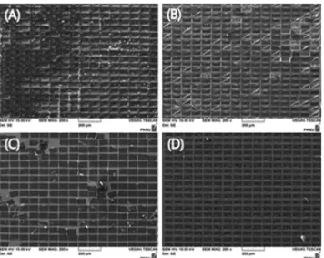 Figure 4. SEM images of HDI PR wafer after stripping with so- so-nication; (A) 1 min, (B) 2 min, (C) 3 min.