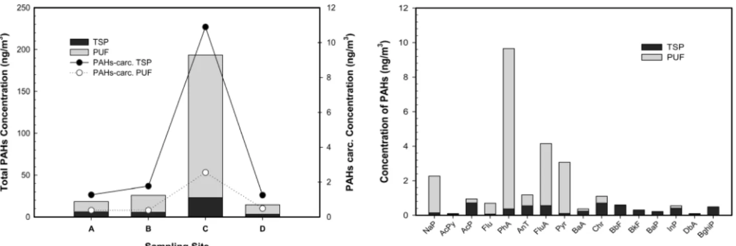 Figure 6. Concentration levels and trends of PAHs and PAHcarc in  gas/particle portion at ambient air.