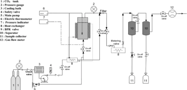 Figure 1. A schematic diagram of SCO 2  extraction process. 뿐 아니라 산화로 인한 문제점이 있어 경쟁력의 한계성을 나 타내고 있다