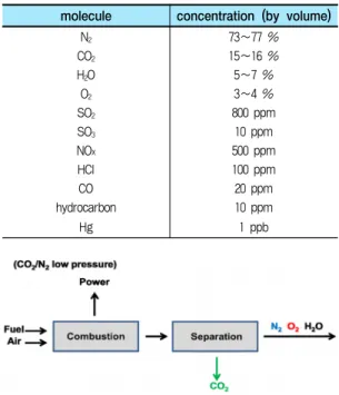 표 1. 연소기체의 조성 및 이산화탄소의 비율. 7 molecule concentration (by volume)