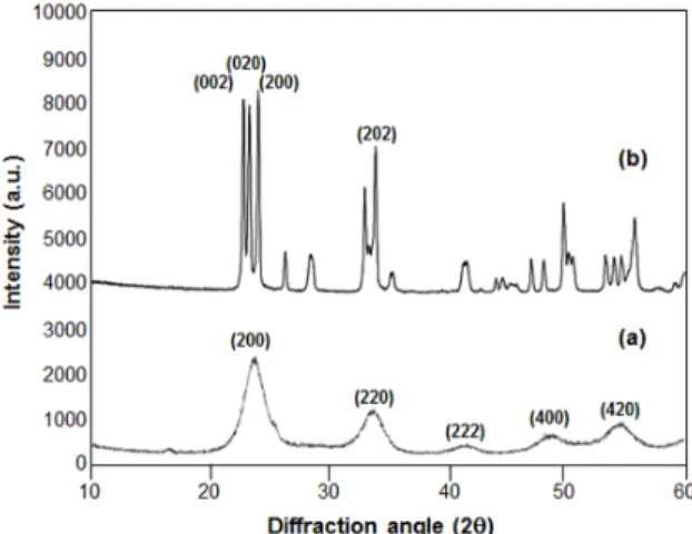 Figure 4. X-ray diffraction patterns of (a) the powder particles  collected in MTC01 and (b) pure crystalline WO 3