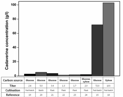 Figure 4.  바이오기술을 활용한 cadaverine의 생산. 0.5 g/L의 5AVA가 회분식 배양과 유가식 배양을  통해 글루코스로부터 생산될 수 있었다[8]