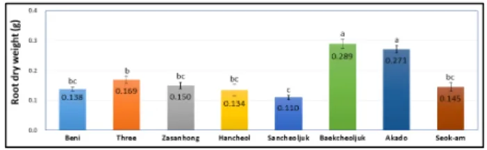 Figure 3. The shoot length of azalea cultivars for landscape in Suncheon 4. 근장 근장은 백철쭉이 11.2cm로 가장 높았고, 아까도, 한철은 10.1~10.9㎝로 백철쭉과 유의적인 차이를 보이지 않았다