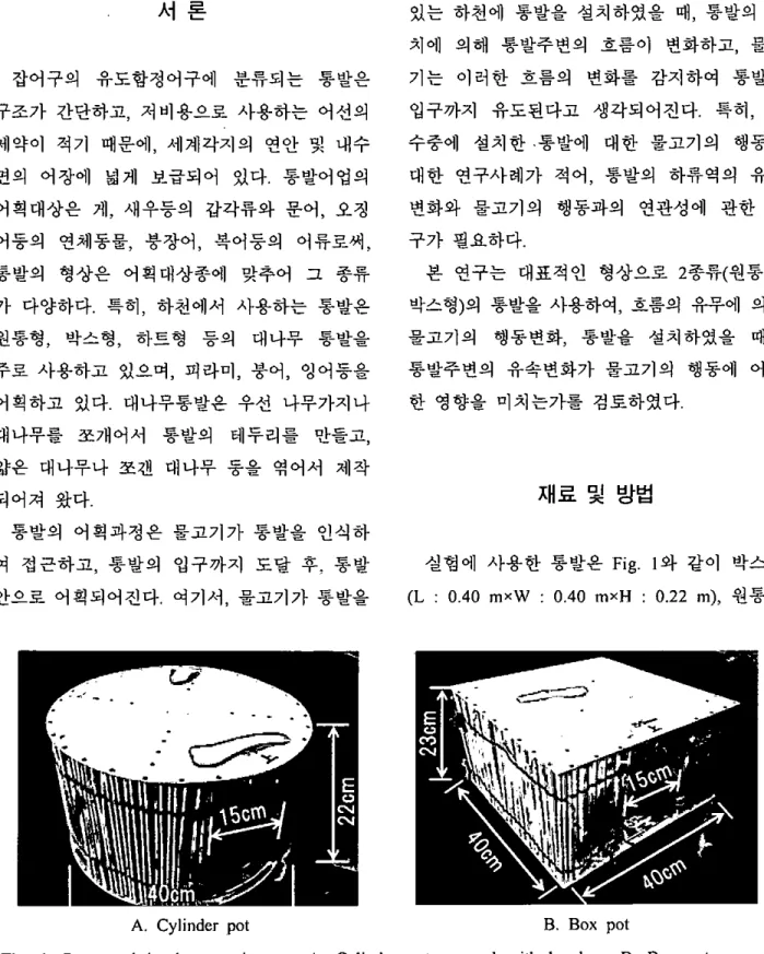 Fig. 1. Pots used in the experiment : A. Cylinder pot covered with bamboo, B. Box pot covered  with bamboo stick