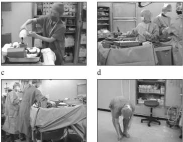 Figure 1. Postures with high REBA scores a: Preparing equipments &amp; sterilizing materials 