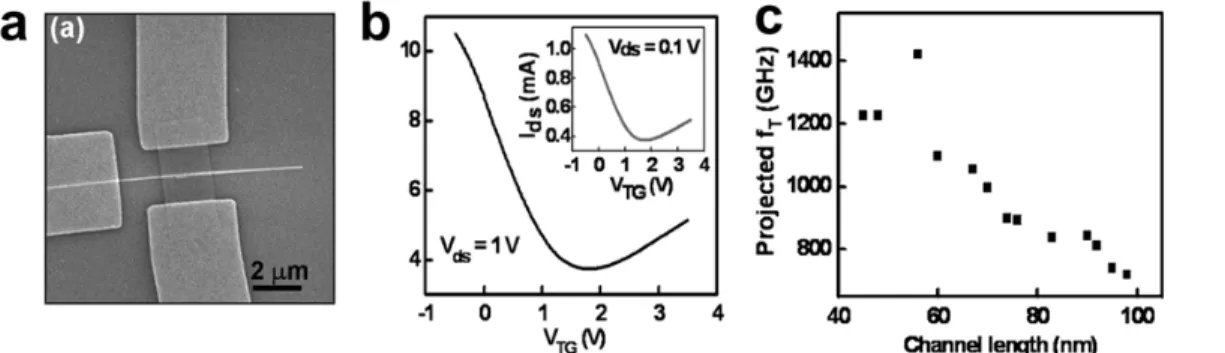 Figure 7. (a) SEM image of a self-aligned graphene device with a GaN nanowire gate. (b) Its transfer characteristics at V d  = 1 V at room-temperature