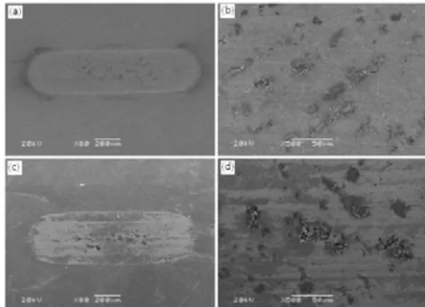 Figure 6. SEM images of the worn surfaces lubricated by  different ILs[12]. a, b: [C 6 C 1 C 1 Im][NTf 2 ], c, d: [C 6 C 1 Im] 